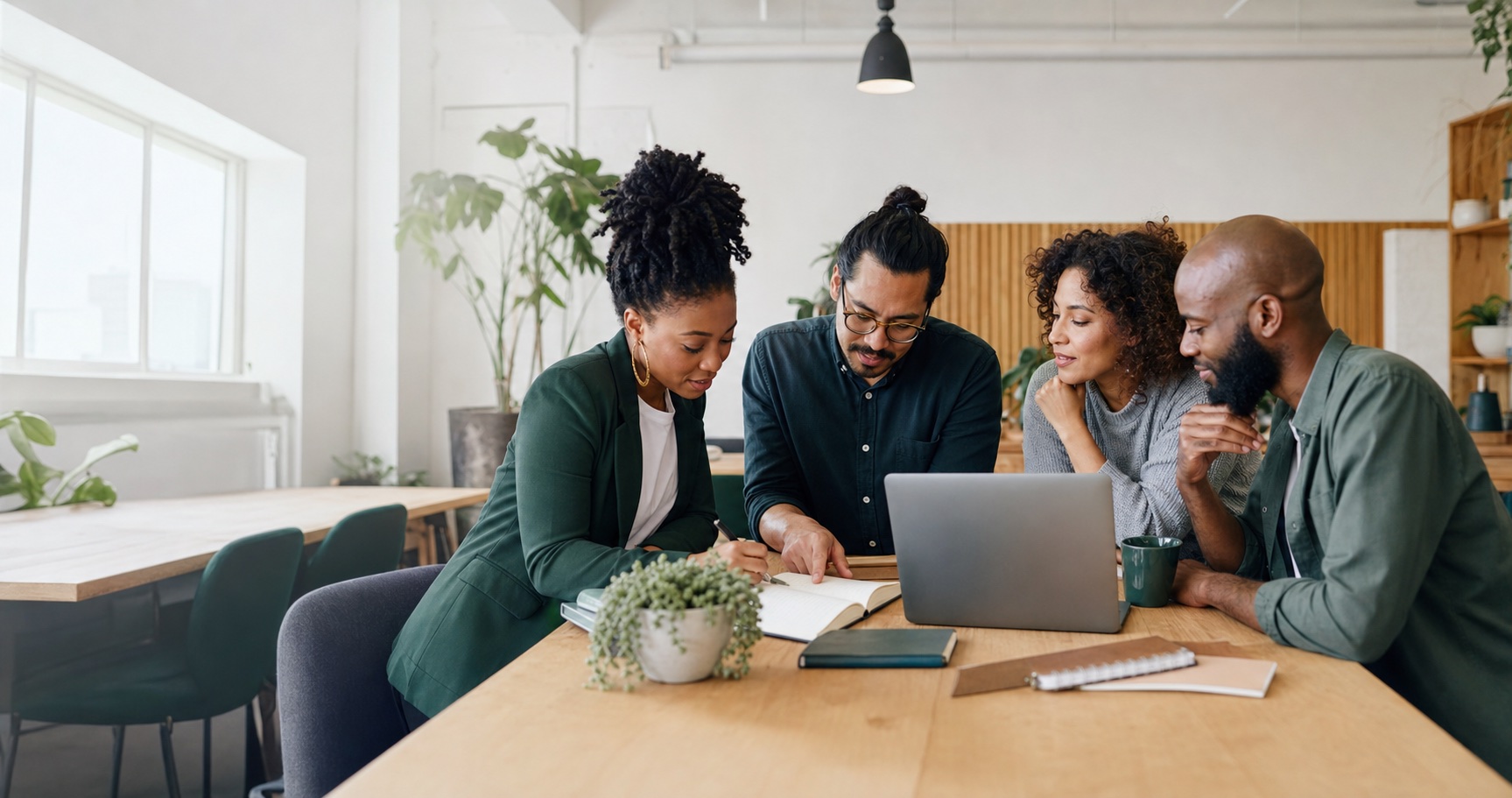 Entrepreneurs collaborating around a table in a bright shared workspace